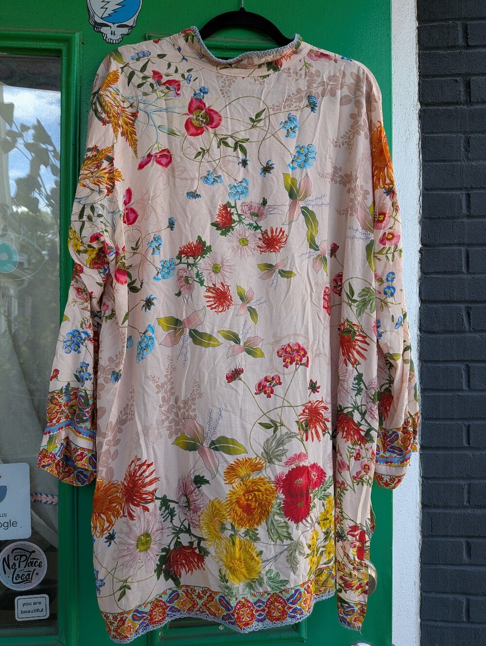 Johnny Was Floral Button Down Collarless Long Tunic Top With Crochet Edging XL - Picture 2 of 5